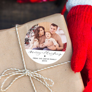 Eleganter Frohe Weihnachten Herz Familienfoto Runder Aufkleber