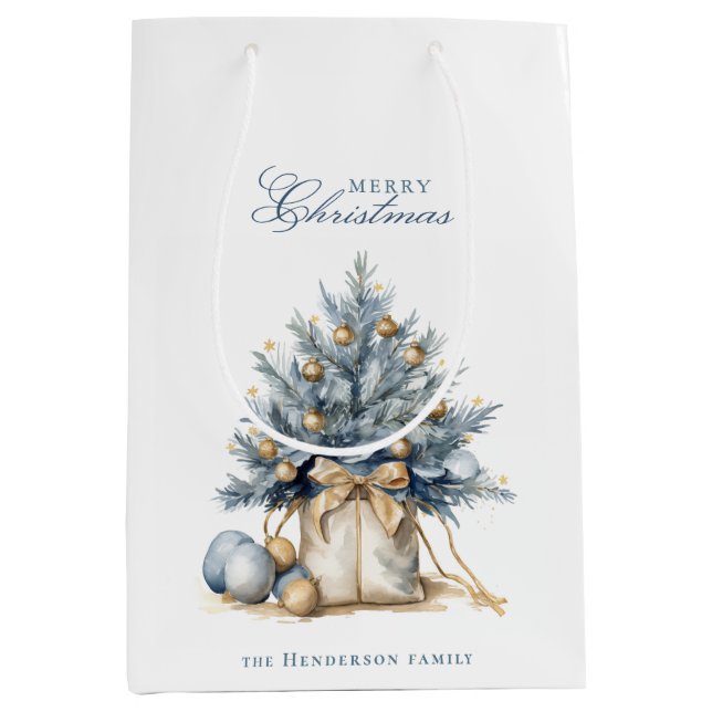 Eleganter Frohe Weihnachtsbaum Gold Blauer Individ Mittlere Geschenktüte (Vorderseite)