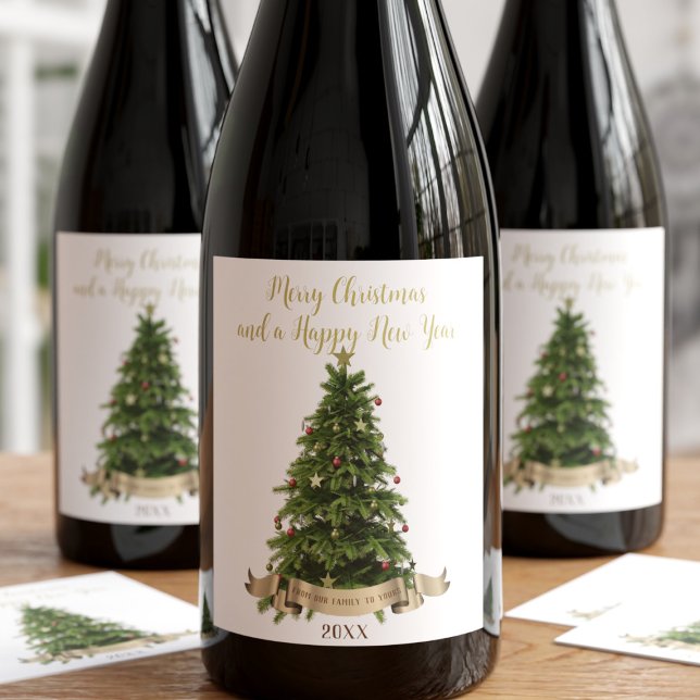Eleganter froher Weihnachtsbaum aus unserem Famili Weinetikett (A festive Christmas Tree wine label with space for your greeting and year)