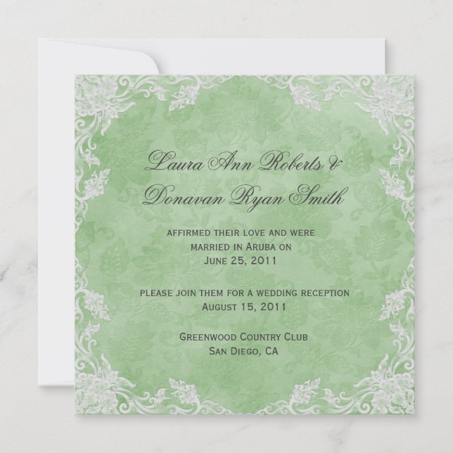 Eleganter Frühling Grün Weiße Damast Post Hochzeit Einladung (Vorderseite)