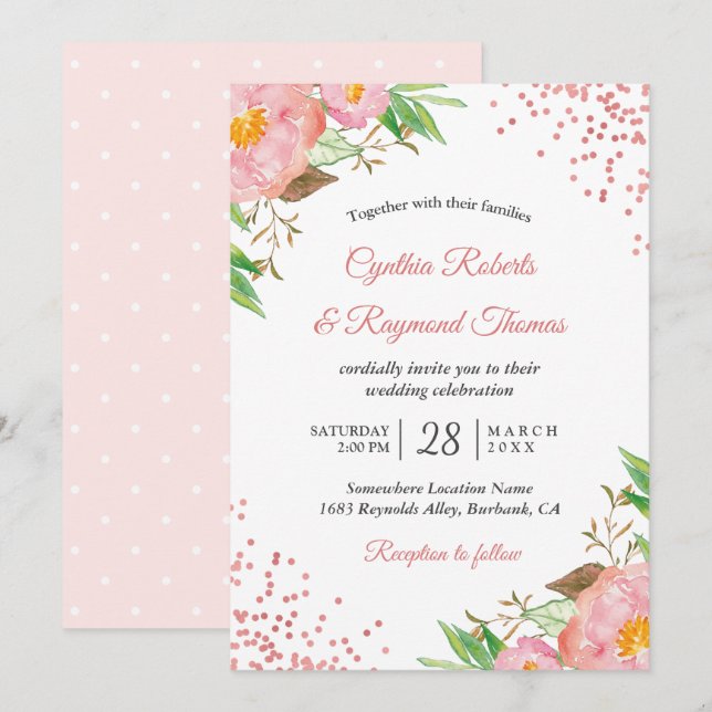 Eleganter Frühling Rosa Flora Confetti Wedding Einladung (Vorne/Hinten)