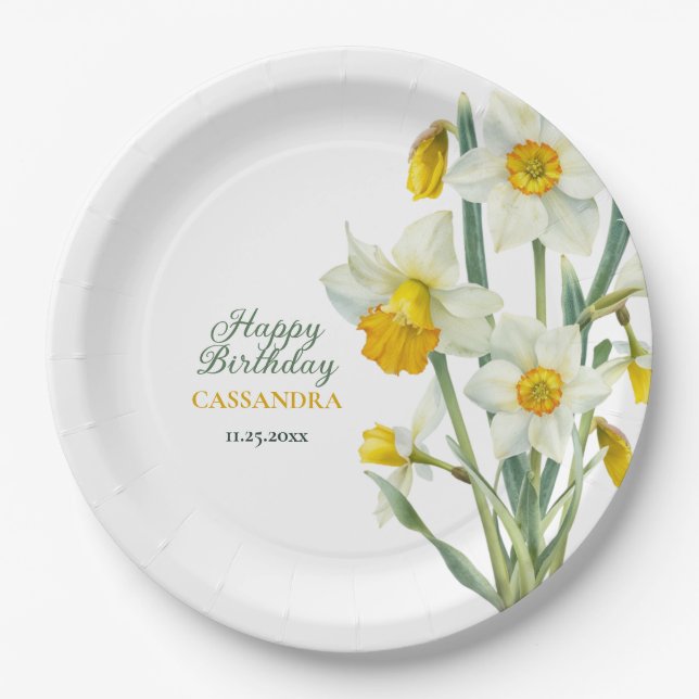 Eleganter Frühlingsgelber affodil floraler Geburts Pappteller (Vorderseite)