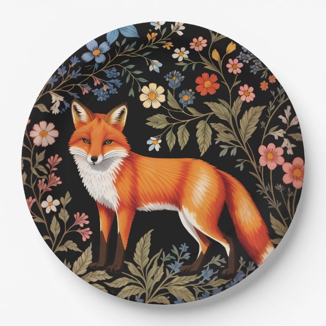 Eleganter Fuchs in Schwarz mit farbenfrohen Blumen Pappteller (Vorderseite)
