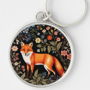 Eleganter Fuchs in Schwarz mit farbenfrohen Blumen Schlüsselanhänger
