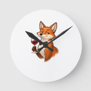 Eleganter Fuchs mit Weinglas  Runde Wanduhr