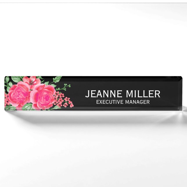 Eleganter Fuchsia Pink Rose Blume Manager Black Namensplakette (Vorderseite)