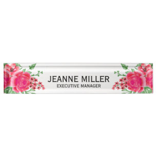 Eleganter Fuchsia Pink Rose Blume Manager White Namensplakette