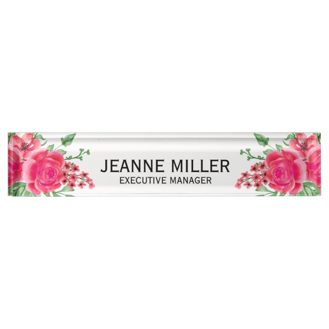 Eleganter Fuchsia Pink Rose Blume Manager White Namensplakette (Vorderseite)