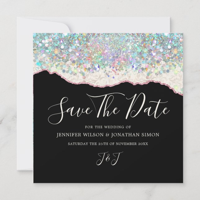 Eleganter Funkelnd Glitzer Black Ivory Save The Date (Vorderseite)