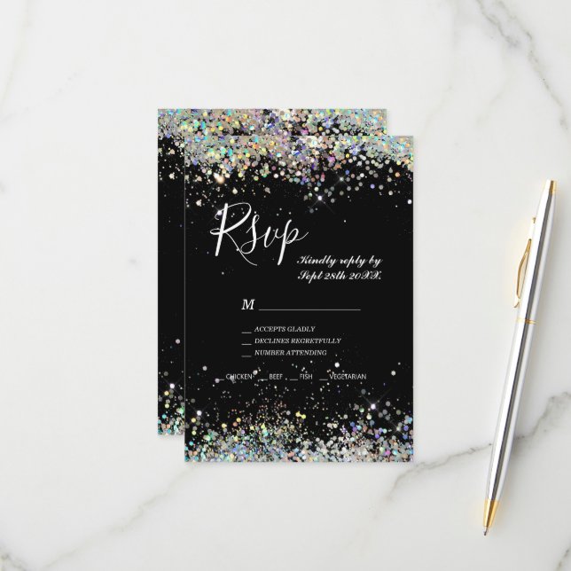 Eleganter Funkelnd Glitzer Black Modern RSVP Karte (Vorderseite/Rückseite Beispiel)