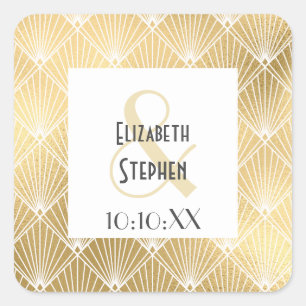 Eleganter Gatsby Art Deco Weiß & Gold Hochzeitskar Quadratischer Aufkleber