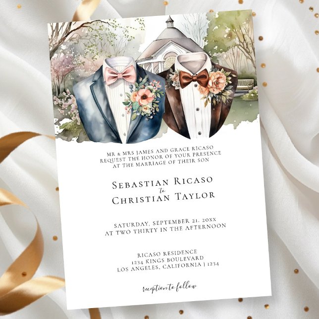 Eleganter Gay Garden Hochzeit von zwei Hochhäusern Einladung (Elegant Gay Garden Wedding Two Grooms in Suits Invitation by Ricaso. Same sex wedding invites)