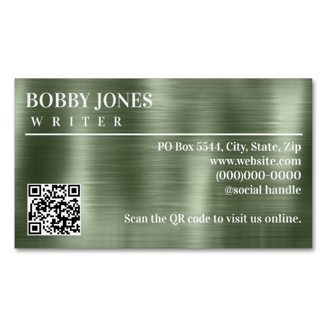 Eleganter, gebürsteter grüner Folien - QR-Code Magnetische Visitenkarte (Vorderseite)