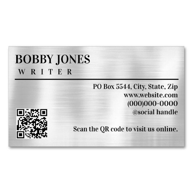 Eleganter, gebürsteter Silber Foil Metallic QR Cod Magnetische Visitenkarte (Vorderseite)