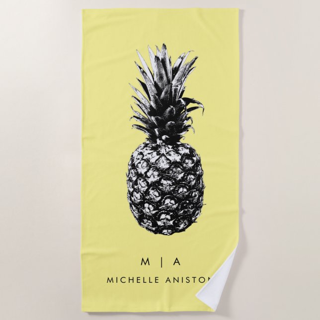 Eleganter Gelber Ananas | Monogramm Custom Strandtuch (Vorderseite)