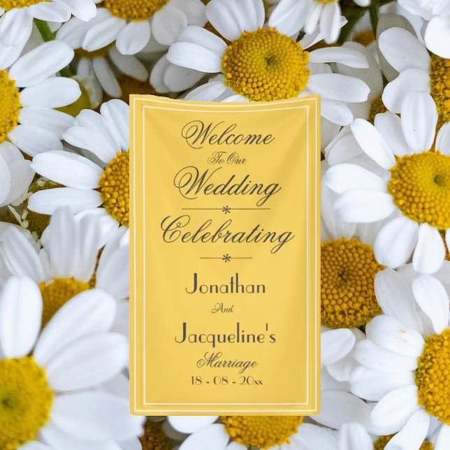 Eleganter, gelber Hochzeitshinweis Banner (Beautiful sunny yellow 'Welcome to our Wedding' backdrop banner. Chic script. Perfect for pictures.)