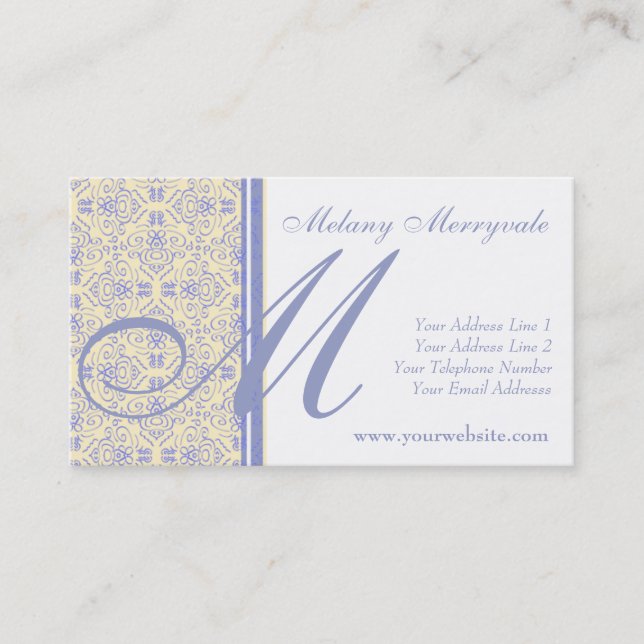 Eleganter gelber und lila Scrollwork Damast Visitenkarte (Vorderseite)