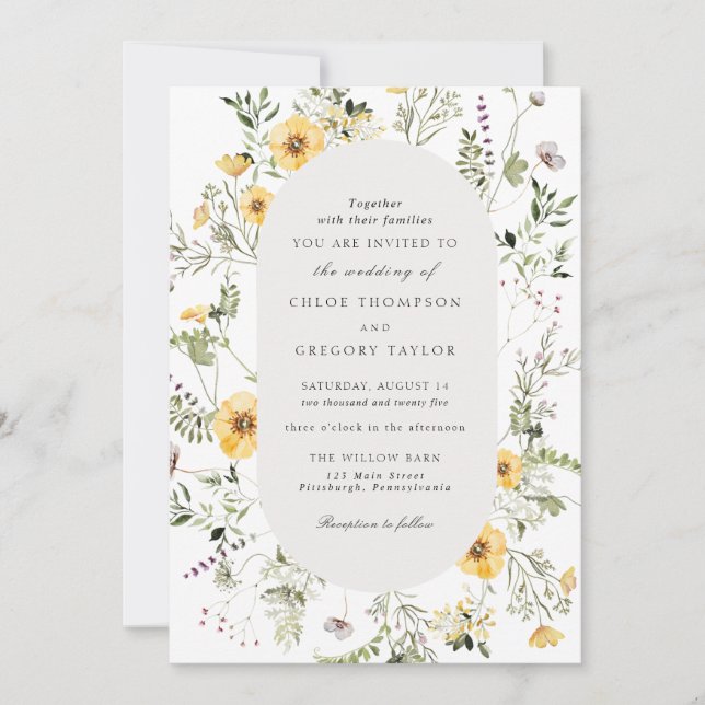 Eleganter Gelber Wildblume Rahmen Hochzeit I Einladung (Vorderseite)