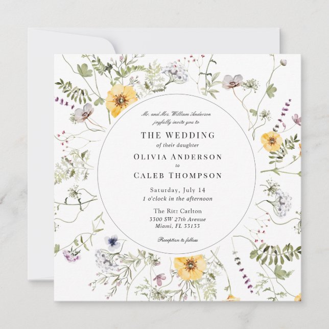 Eleganter Gelber Wildblume Rahmen Hochzeit I Einladung (Vorderseite)