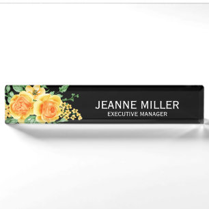 Eleganter Gelborange Rose Blume Manager Schwarz Namensplakette