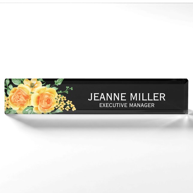 Eleganter Gelborange Rose Blume Manager Schwarz Namensplakette (Vorderseite)