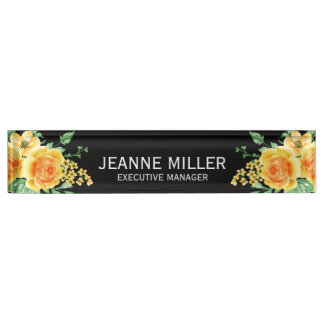 Eleganter Gelborange Rose Blume Manager Schwarz Namensplakette