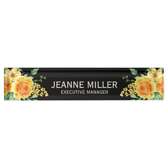Eleganter Gelborange Rose Blume Manager Schwarz Namensplakette (Vorderseite)
