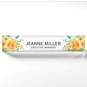 Eleganter Gelborange Rose Blume Manager Weiß Namensplakette
