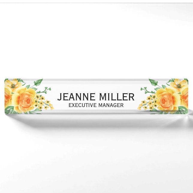 Eleganter Gelborange Rose Blume Manager Weiß Namensplakette (Vorderseite)