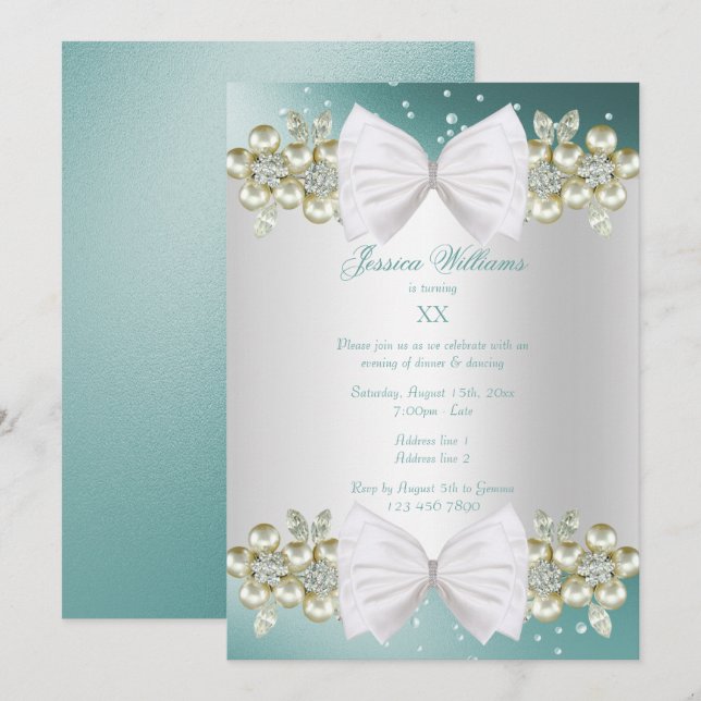 Eleganter Gems & Bow Aquamariner Geburtstag Einladung (Vorne/Hinten)