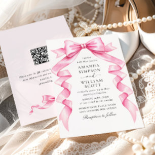 Eleganter Gentle Pink Hand Drawn Bow Wedding QR Co Einladung