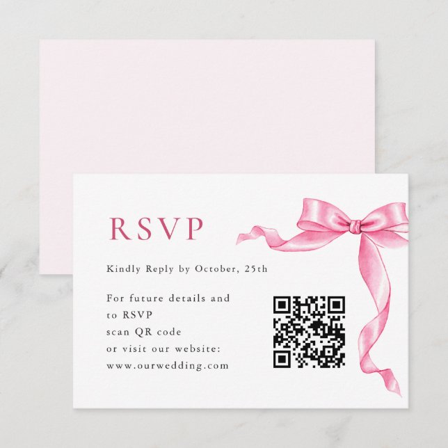Eleganter Gentle Pink Hand Drawn Bow Wedding QR Co RSVP Karte (Vorne/Hinten)
