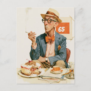 Eleganter Gentleman mit Kaffee und Kuchen Postkarte