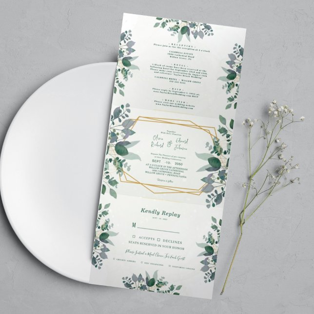 Eleganter geometrischer Rahmen grün | Hochzeit von Dreifach Gefaltete Einladung (Von Creator hochgeladen)