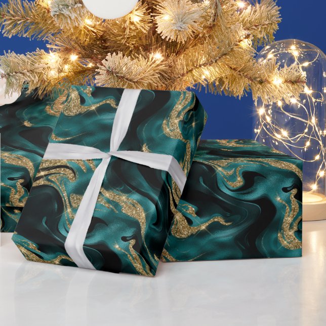 Eleganter geschmolzener Aquamariner und Gold Glitz Geschenkpapier (Feiertage)