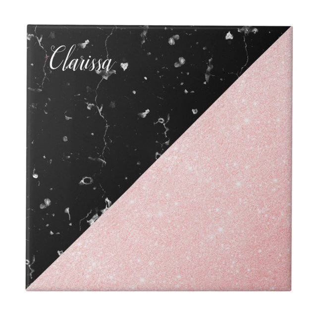 Eleganter Girl-Rose-Gold-Glitzer und schwarzer Mar Fliese (Vorderseite)