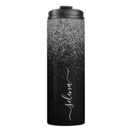 Eleganter Girly Black Silver Glitzer Mit Monogramm Thermosbecher