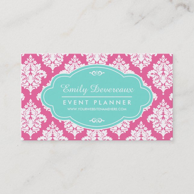 Eleganter Girly rosa Damast personalisiert Visitenkarte (Vorderseite)