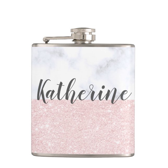 Eleganter girly RosengoldGlitter u. weißer Marmor Flachmann (Vorderseite)
