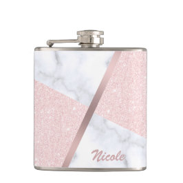 Eleganter girly RosengoldGlitter u. weißer Marmor Flachmann