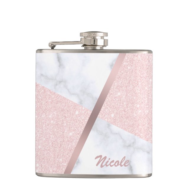 Eleganter girly RosengoldGlitter u. weißer Marmor Flachmann (Vorderseite)