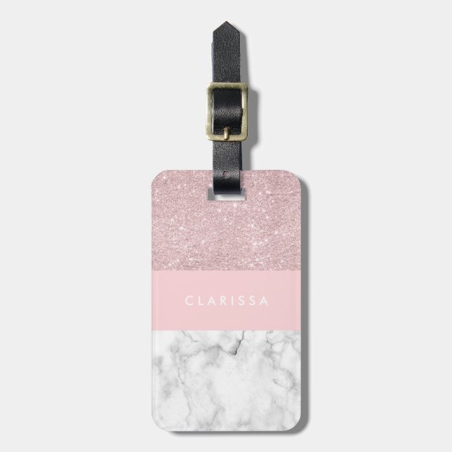Eleganter girly RosengoldGlitter u. weißer Marmor Gepäckanhänger (Vorderseite vertikal)