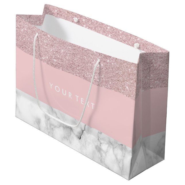 Eleganter girly RosengoldGlitter u. weißer Marmor Große Geschenktüte (Vorderseite Schrägansicht)