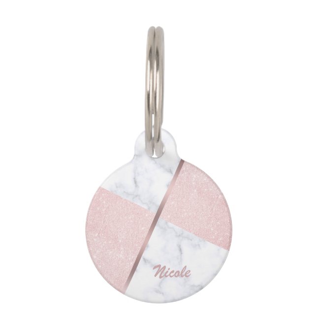 Eleganter girly RosengoldGlitter u. weißer Marmor Haustiermarke (Vorderseite)