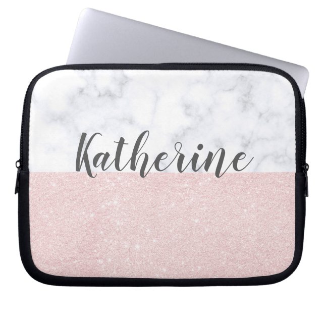 Eleganter girly RosengoldGlitter u. weißer Marmor Laptopschutzhülle (Vorderseite)
