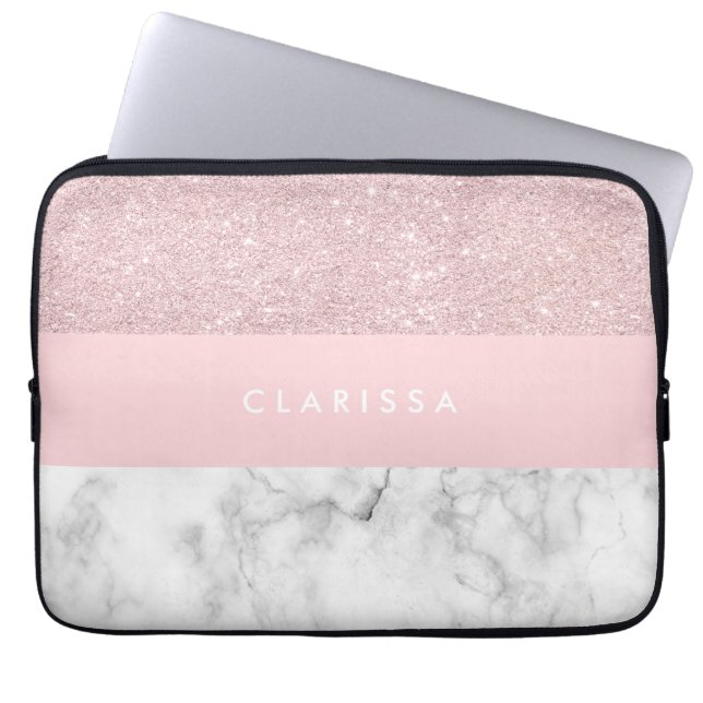 Eleganter girly RosengoldGlitter u. weißer Marmor Laptopschutzhülle (Vorderseite)