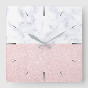 Eleganter girly RosengoldGlitter u. weißer Marmor Quadratische Wanduhr