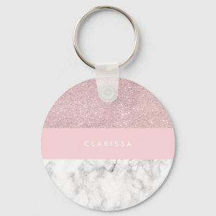 Eleganter girly RosengoldGlitter u. weißer Marmor Schlüsselanhänger