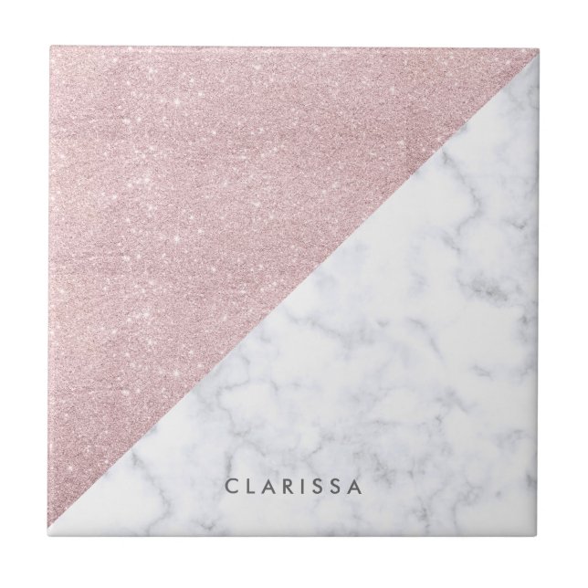 Eleganter girly RosengoldGlitter-Weißmarmor Fliese (Vorderseite)