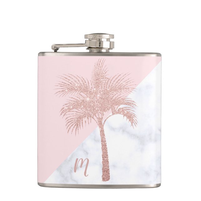 Eleganter girly RosengoldGlitterpalmen-Weißmarmor Flachmann (Vorderseite)